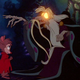 A still from the animated Mrs. Frisby and the Rats of NIMH featuring Mrs. Frisby in her red cloak standing in front of the bearded Nicodemus with his eyes glowing.